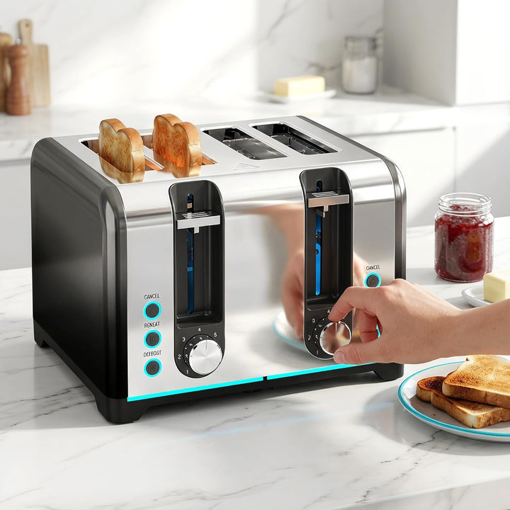 HOMCOM Toaster 4-Scheiben mit 7 Bräunungsstufen, Aufwärm-, Auftau- und Abbruchfunktion, selbstzentri