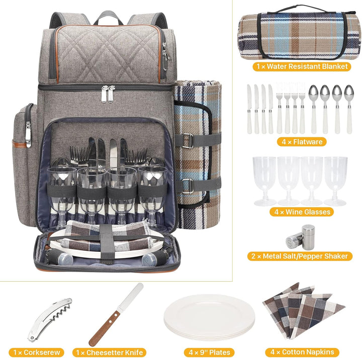 Picknick-Rucksack für 4 Personen, Picknickkorb-Set, auslaufsichere Picknicktasche, Strandkühlrucksac