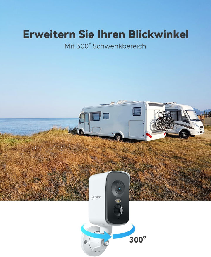 COCOCAM Tragbare Magnetische 4G Überwachungskamera mit SIM Karte Aussen/Innen, 2K kabellose Kamera f