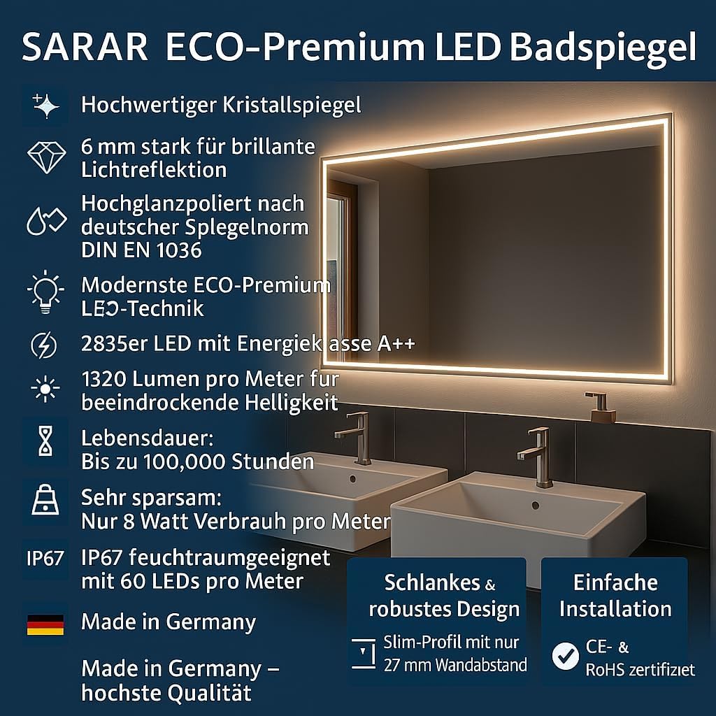 SARAR Wandspiegel mit schmaler rundum LED-Beleuchtung 160x80 cm Made in Germany Designo MA4111 Badsp