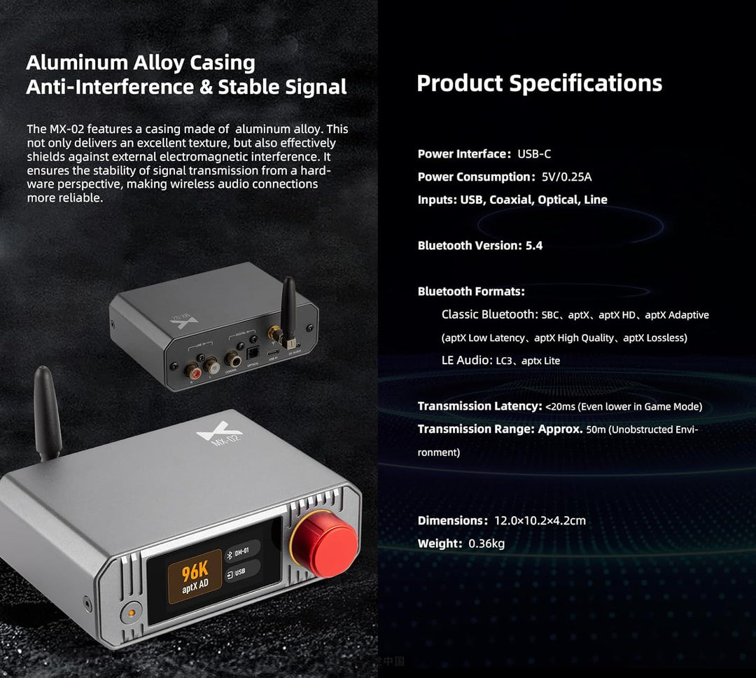 xDuoo MX-02 HD Bluetooth 5.4 Audio-Sender – LE Audio und aptX Lossless für extrem niedrige Latenz, B