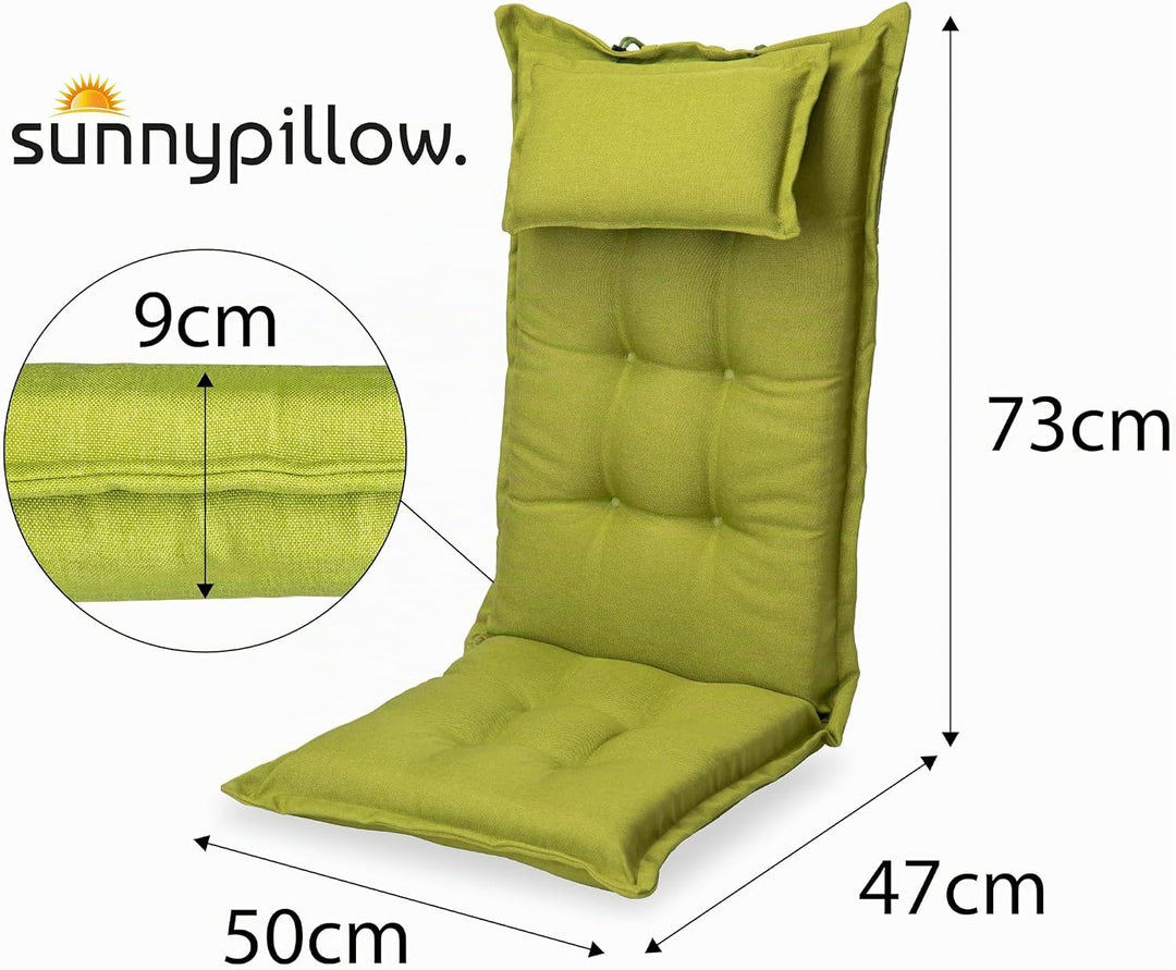 sunnypillow 6 Stück Gartenstuhlauflagen mit abnehmbarem Kopfpolster - 120 x 50 x 9cm - Stuhlauflagen