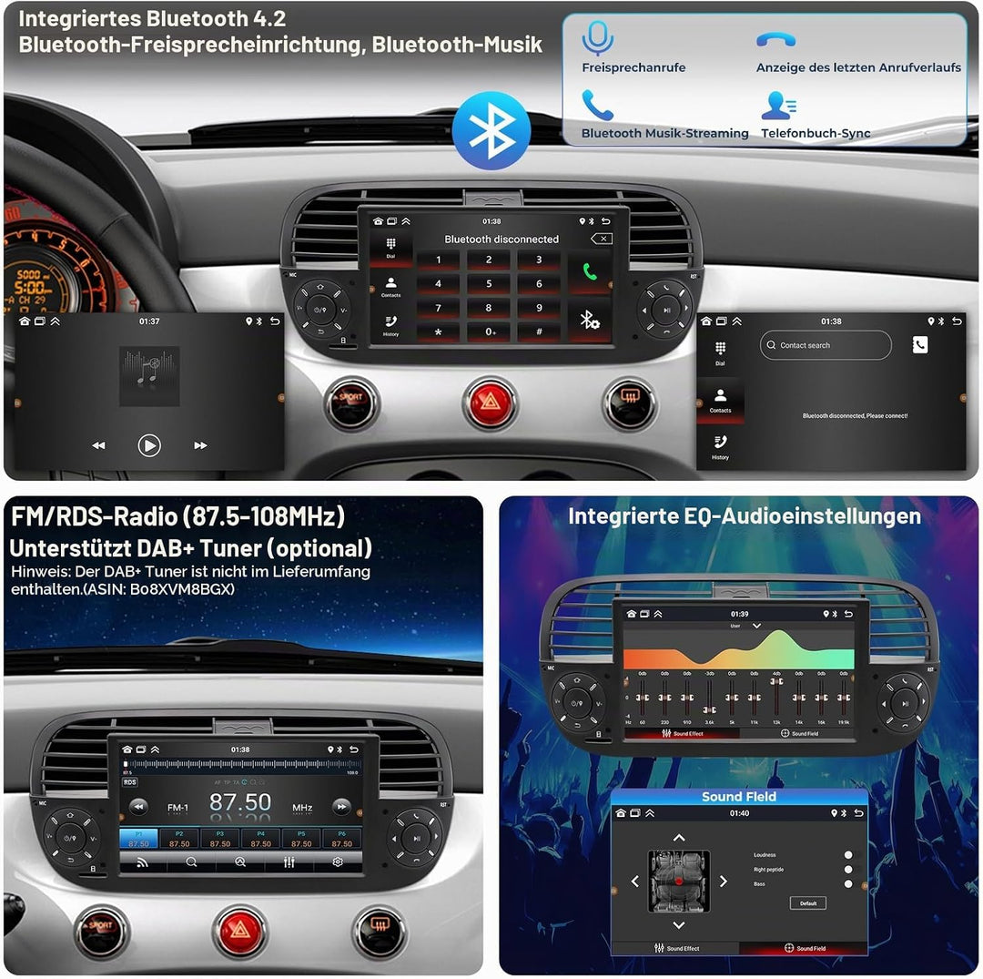 Android Autoradio für FIAT 500 2007-2015, 7-Zoll Radio 2+32GB Headunit mit kabellosem Carplay/Androi
