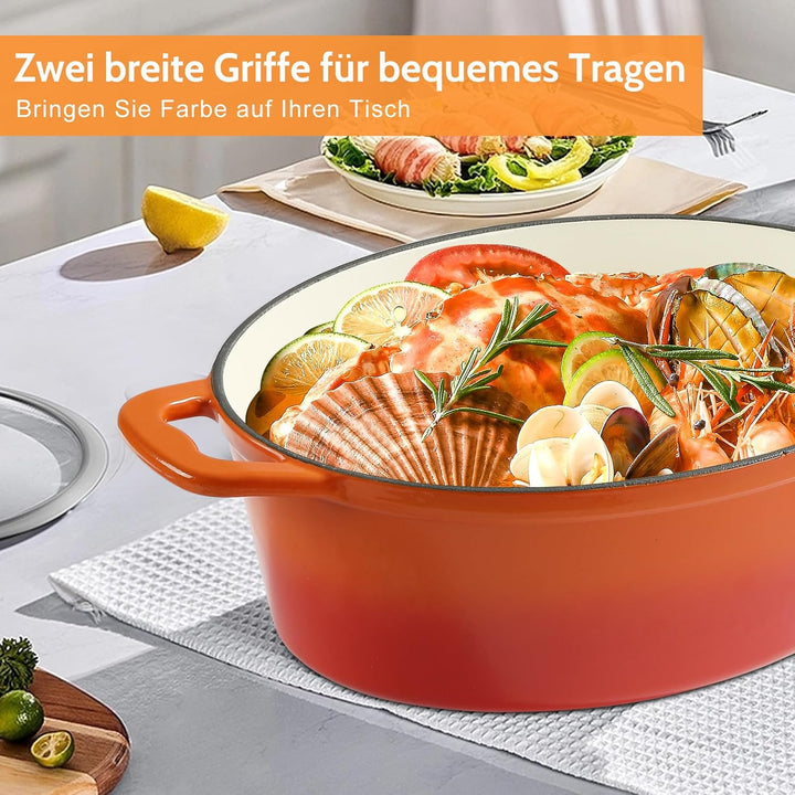 Gusseisen Bräter mit Deckel, Oval Gusseisen Topf 6.6L, Emaille Topf Gross Backofengeeignet, Schmorto