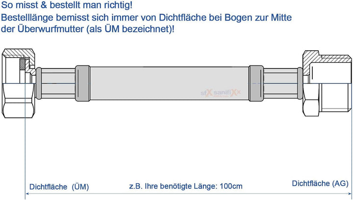 SFX® Panzerschlauch 30cm Flexschlauch - 1/2 Zoll ÜM x 1/2 Zoll AG Edelstahlgeflecht Wasserschlauch W