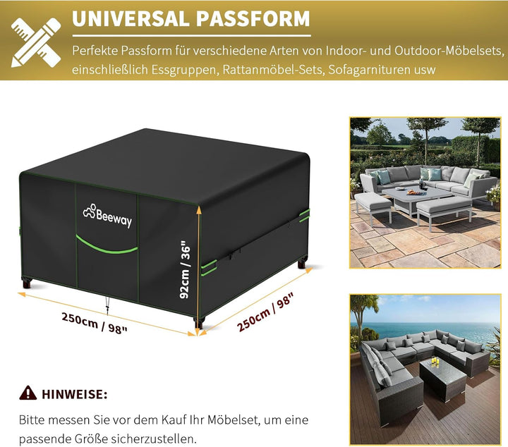 BEEWAY Gartenmöbel Abdeckung Wasserdicht V2.0 250x250x92cm, Schutzhülle Abdeckplane für Gartentische