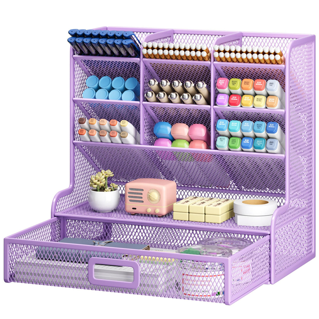 VITVITI Schreibtisch Organizer, 9 Fächer Stiftehalter mit Schublade, Netz Stifte Regal aus Metall, S