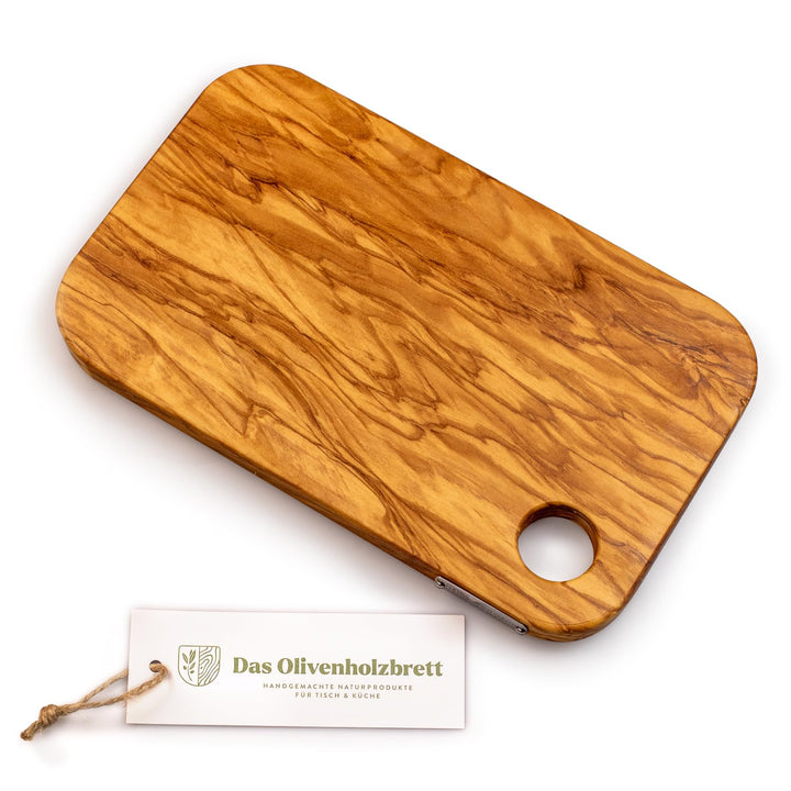 DAS OLIVENHOLZBRETT® Schneidebrett/Servierbrett aus Olivenholz mit abgerundeten Ecken und Loch 35cm