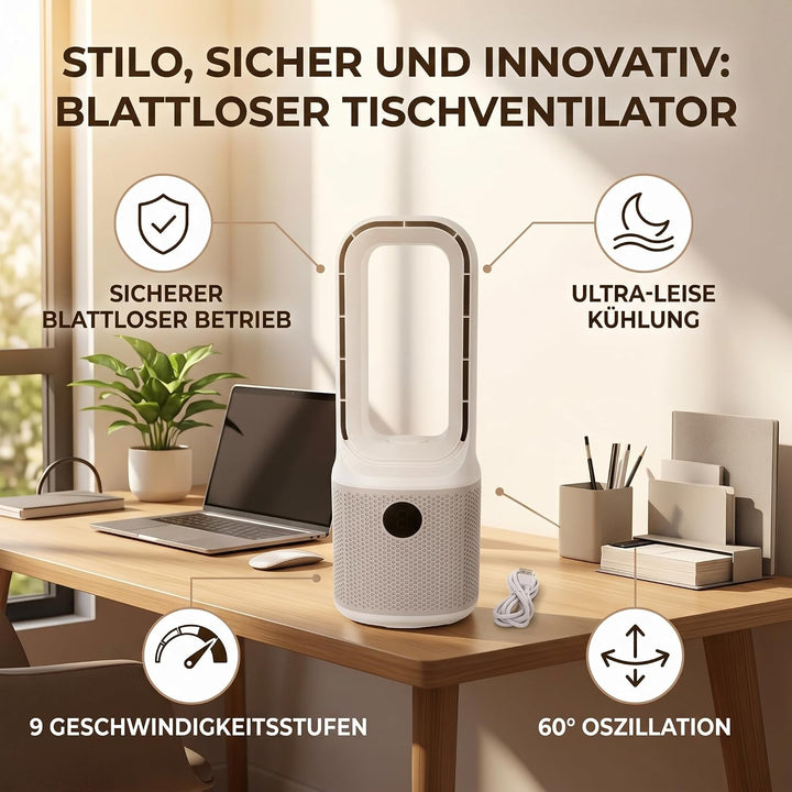 Pissente Rotorloser Ventilator mit Luftreiniger, Turbinentechnologie, 9 Geschwindigkeiten und 60-Gra