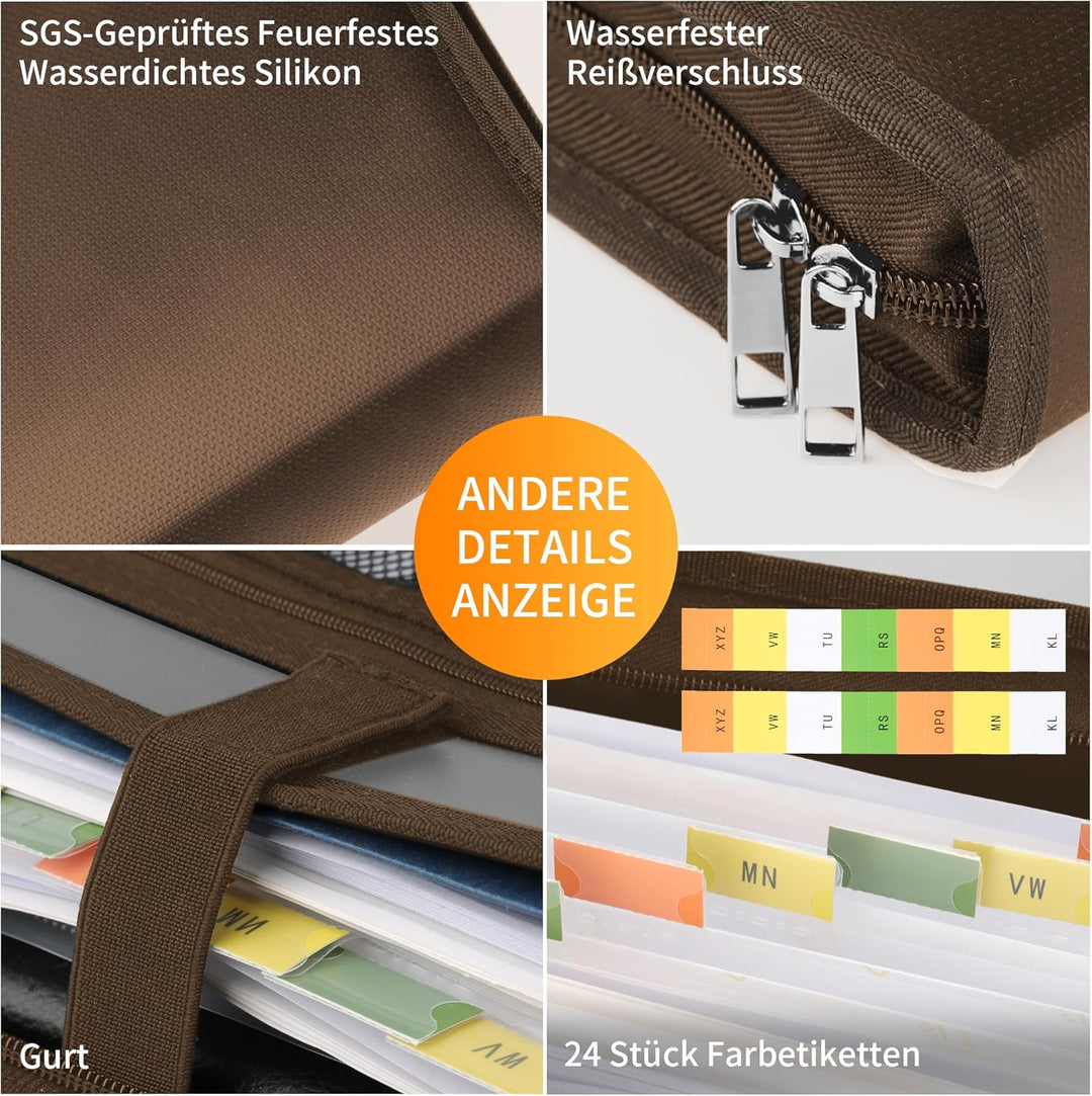 JUNDUN Fächermappe - Dokumentenmappe a4 mit mehreren Fächern - Feuerfest Dokumententasche mit Reissv