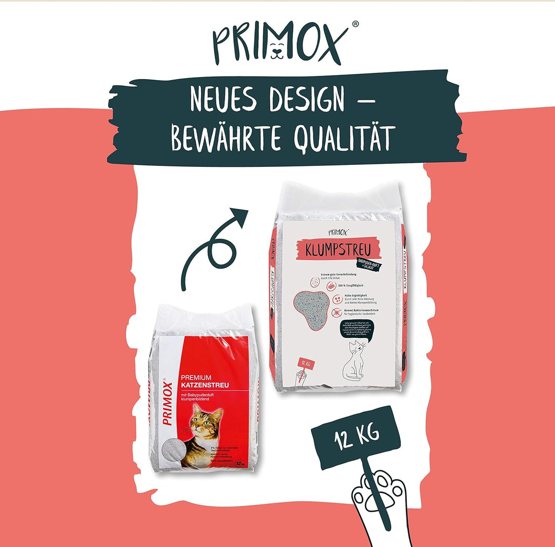 PRIMOX® Katzenstreu mit Babypuder-Duft + 3% Silikat | 380% Saugfähigkeit I Optimale Geruchsbindung |