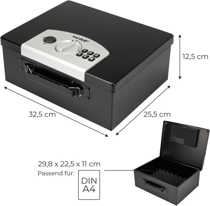 HMF 1006-02 Dokumentenbox mit Elektronikschloss | 32,5 x 25,5 x 12,5 cm | DIN A4 | Schwarz