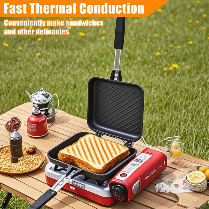 Aluminium Doppelseitiger Bratpfanne mit Hitzebeständigem Griff, Camping Sandwichmaker, Antihaftbesch