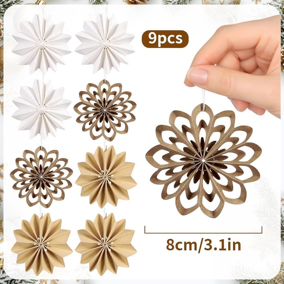 EASY JOY 9 Stück Boho weihnachtsbaumschmuck 3D Mini Weihnachten Papier Fächer Ornamente Pappsterne W