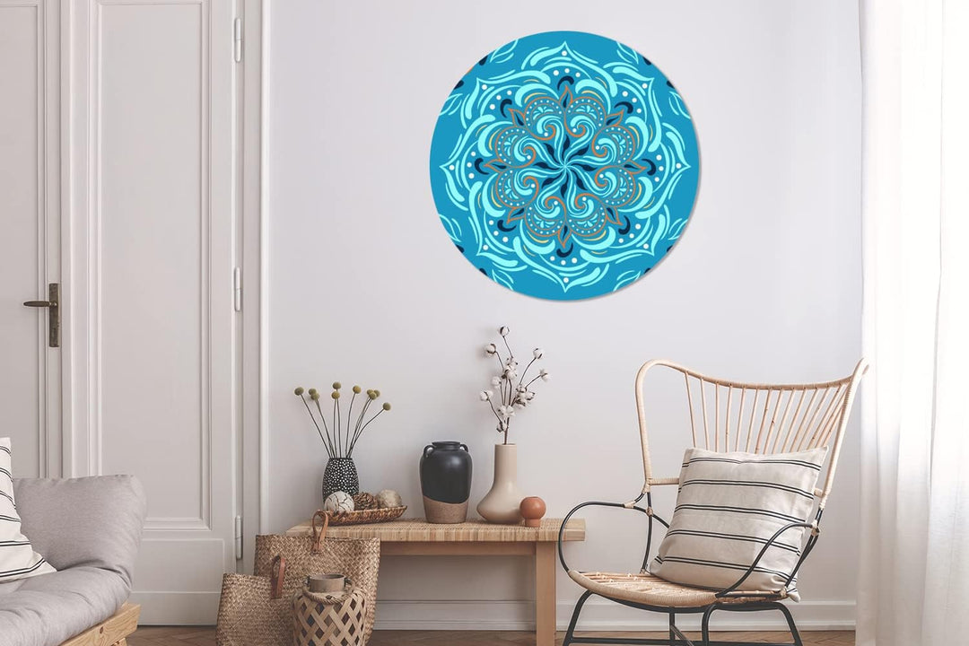 Wandbild Rund Wanddeko Deko Wohnzimmer Bilder 90x90 cm Mandala - Blau - Orange - Muster, 90x90 cm