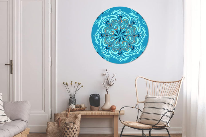 Wandbild Rund Wanddeko Deko Wohnzimmer Bilder 90x90 cm Mandala - Blau - Orange - Muster, 90x90 cm