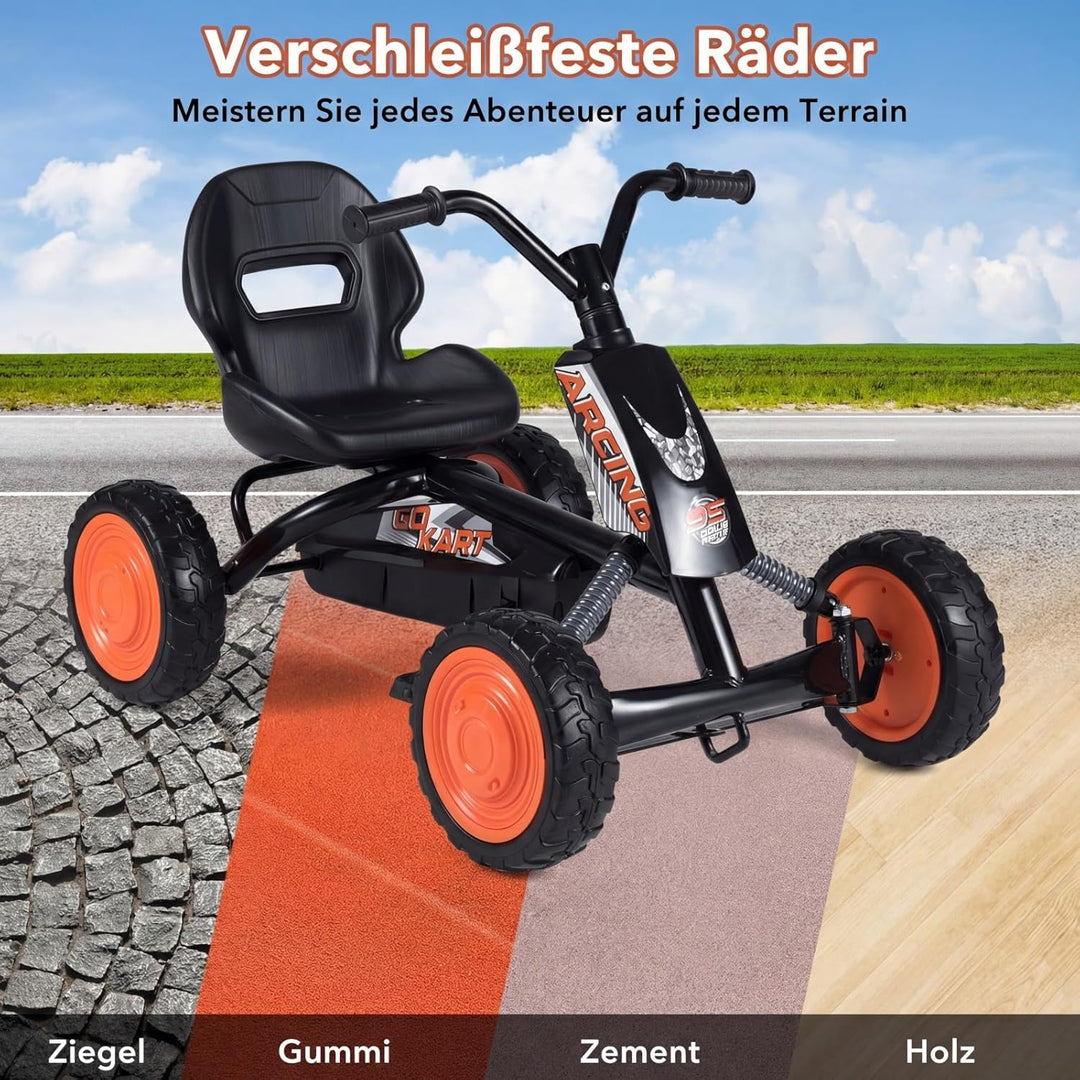 DREAMADE Kinder Go Kart, Gokart mit einstellbarem Sitz & Rückenlehne, Tretfahrzeug mit Vorwärts- & R