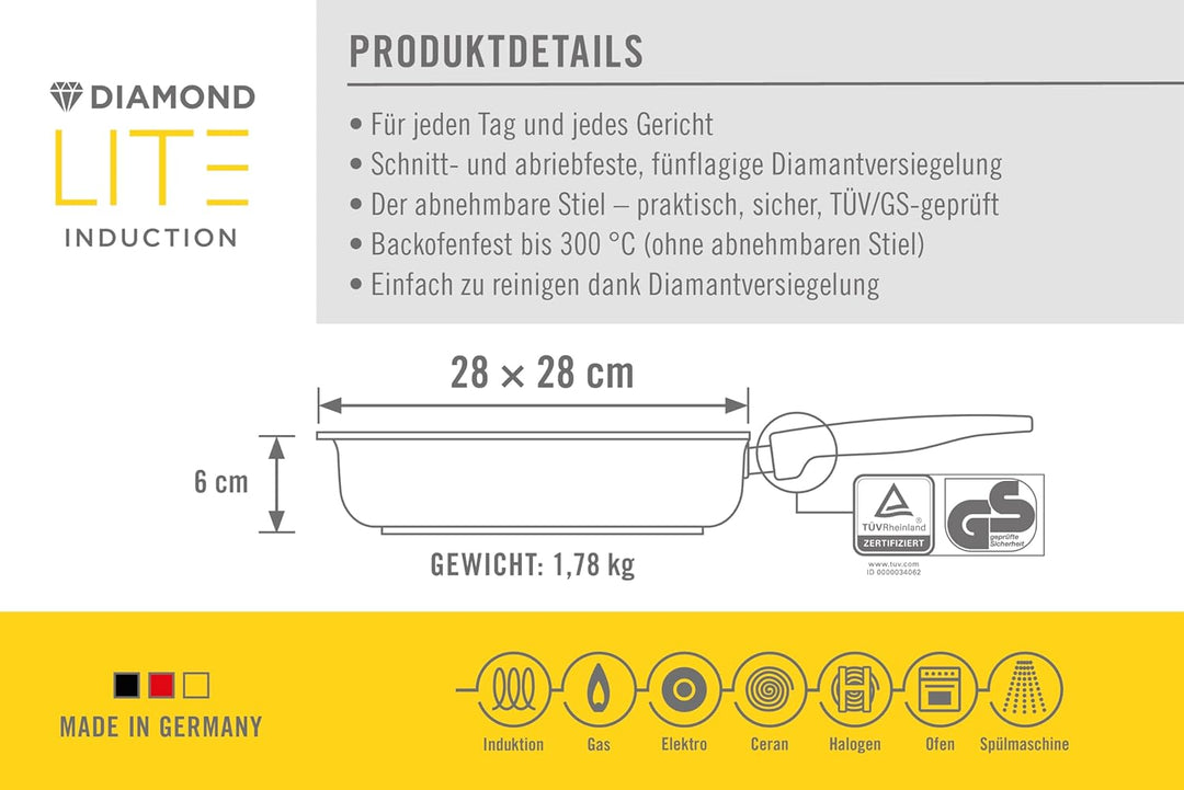 Woll Diamond Lite Viereckpfanne - Induktiv -, 28x28 cm, 6 cm hoch, mit abnehmbarem Stiel - Geeignet