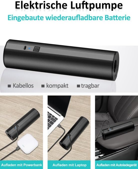 Kabellose Elektrische Luftpumpe mit 2×2000mAh Wiederaufladbarem Akku für Pool, Schlauchboot & Luftma