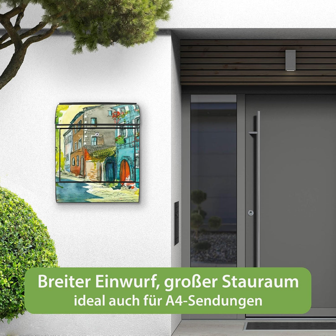 banjado® Design Briefkasten mit Motiv Historischer Stadtkern 39x47x14cm &amp; 2 Schlüssel - Briefkasten