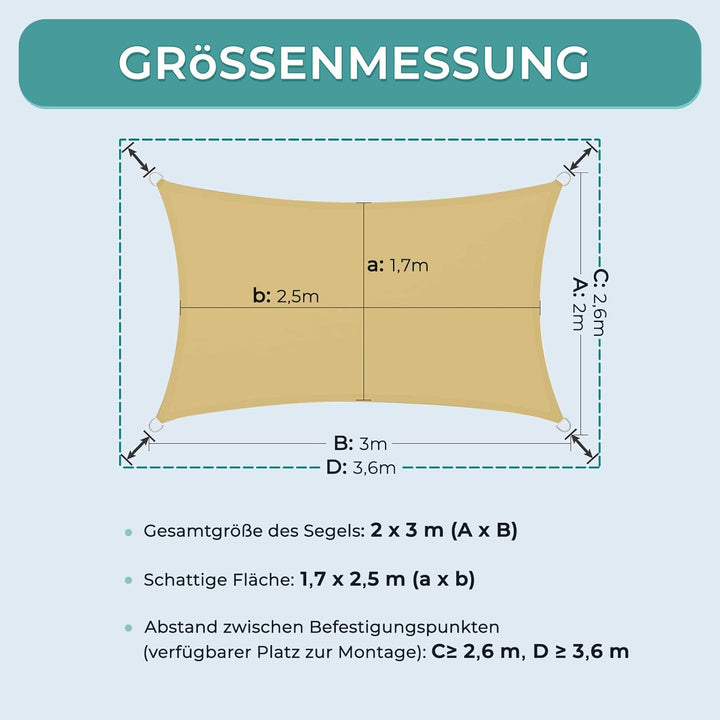 Dripex Sonnensegel wasserdicht Sonnenschutz Set 2X3 m inkl Befestigungsseile Rechteckig Polyester Im