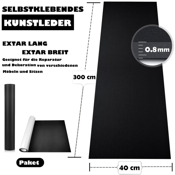 Kunstleder Selbstklebend 40 x 300cm Schwarz Selbstklebende PU-Folie,Möbel, Küchenschränke, Wand, Sof