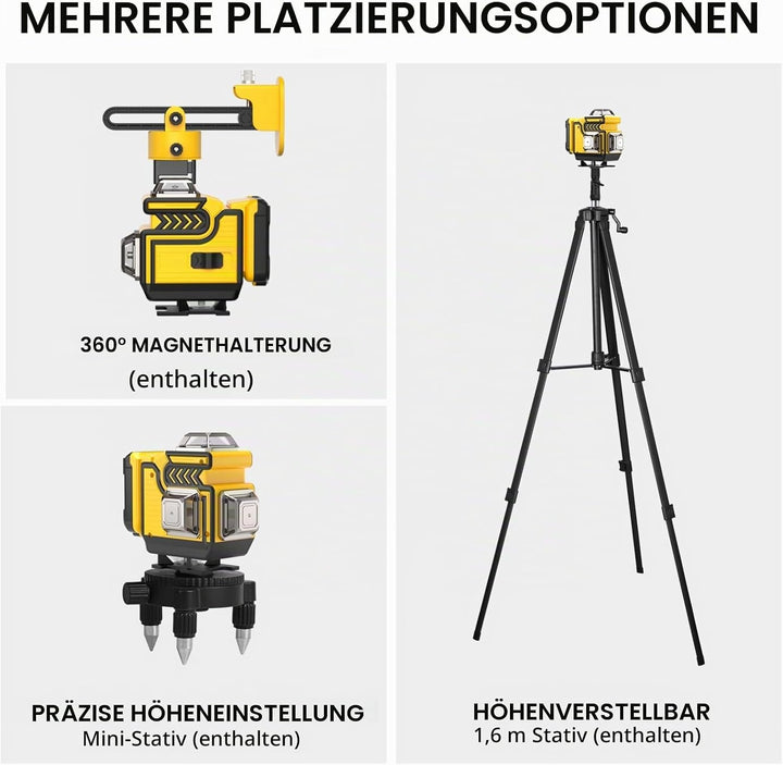 Kreuzlinienlaser mit Stativ - cjumel 4 x 360° Grün Laser Wasserwaage Selbstnivellierend, 4D 16 Linie