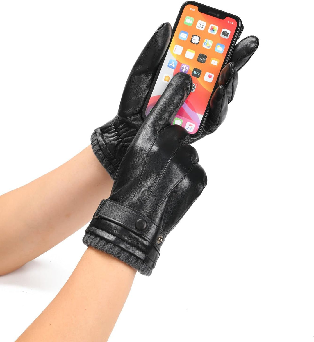 HEYANN Herren Winter Echtes Schaffell Leder warme Schwarze Handschuhe Kaschmir Futter Winddicht Kält