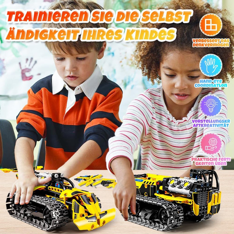 OKKIDY 3-in-1 Technik Bulldozer, RC Muldenkipper & Baustellenauto - 452 Teile Bauspielzeug für Kinde