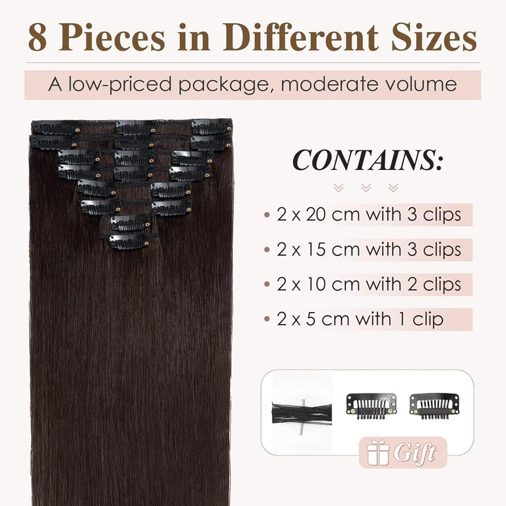 TESS 50 cm Clip in Extensions Echthaar Dunkelbraun 8 PCS Hair Extensions Clip in Echthaar 70g Braun