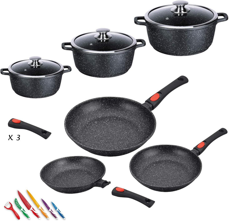 Kamberg 0008161 Topfset 12-teilig, 3 Pfannen / 3 Töpfe, Aluguss, Steinbeschichtung, für alle Herde,