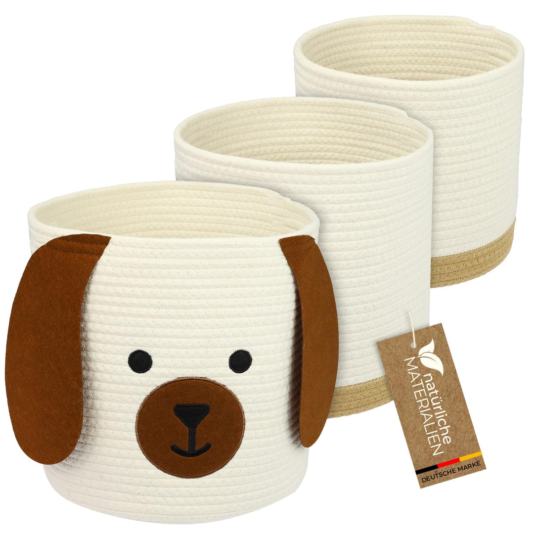 HMF Aufbewahrungskorb mit versteckten Griffen, 3er Set, Korb für Kinderzimmer aus Baumwolle | Hund |