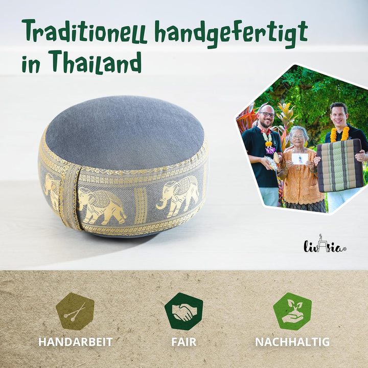 livasia Meditationskissen Thaiseide - Ø 32x20cm - Yogakissen klein mit Kapok, Pouf, Bodenkissen Yoga