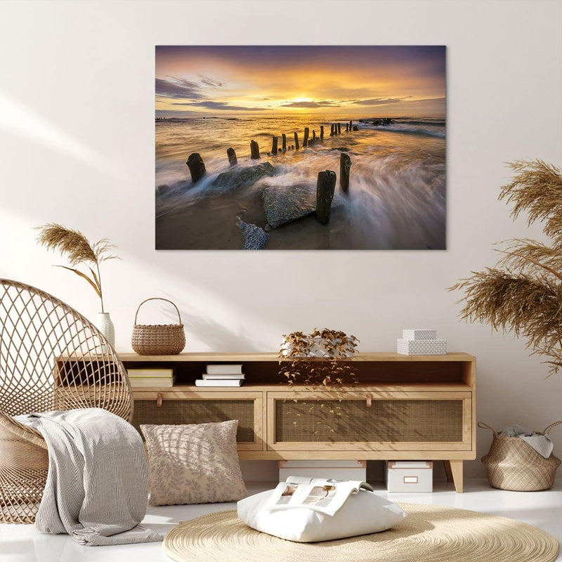 Bilder auf Leinwand 100x70cm Leinwandbild baltisch meer Mole Landschaft Gross Wanddeko Bild Schlafzi