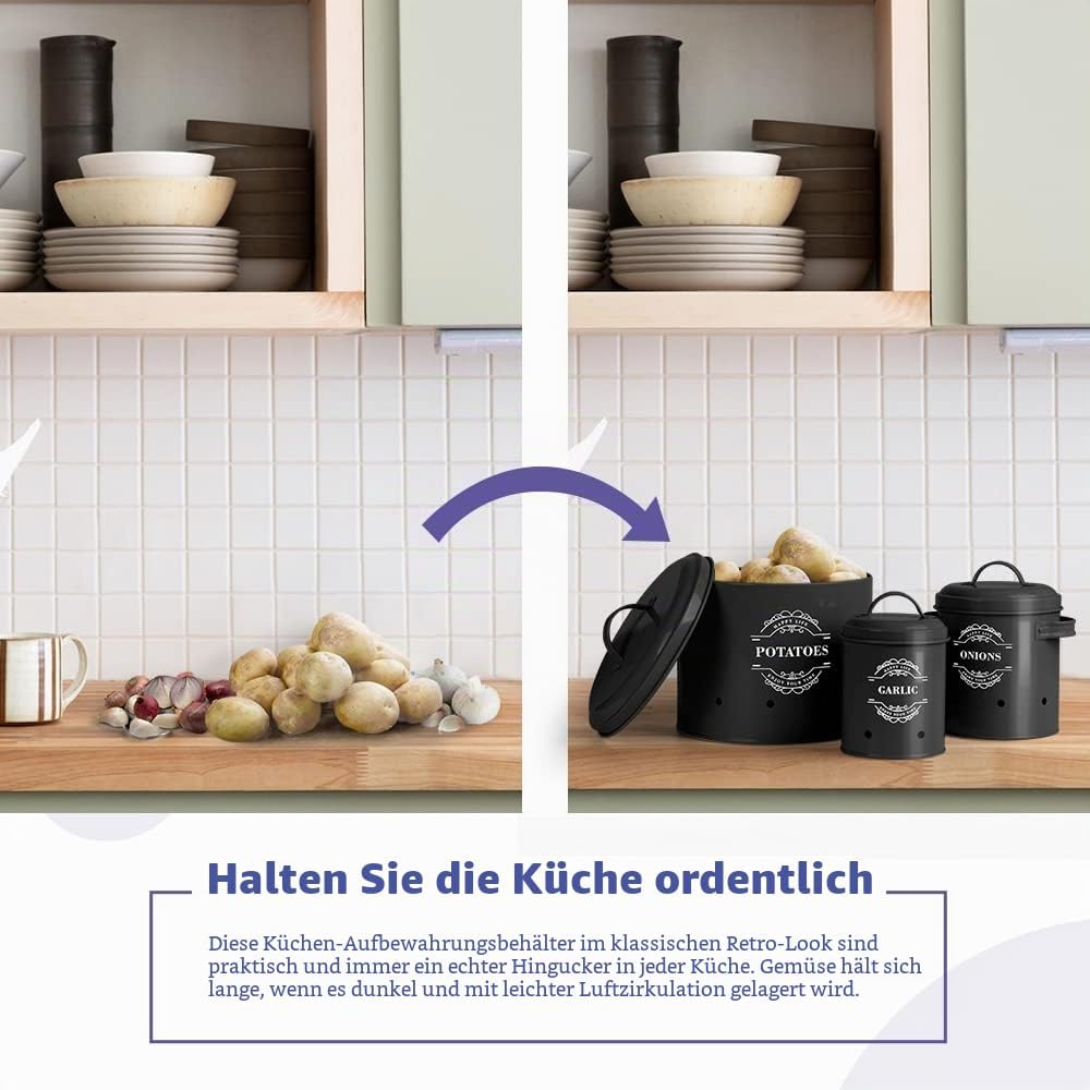 Virklyee Kartoffeltopf, Zwiebeltopf und Knoblauchtopf Belüftet Vorratsbehälter Set, Set of 3 Die per