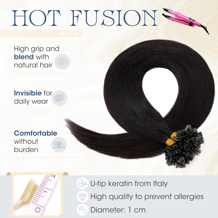 Elailite Extensions Echthaar Bonding 0.5g/s 55cm #1B Naturschwarz U Tip Hair Extensions Keratin 100