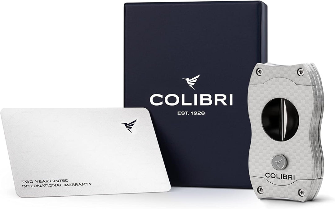 Colibri V-Cut Zigarrenschneider | Graues Kohlefaserdruck | Federauslöser | Tiefer 7mm V-Schnitt | Bi