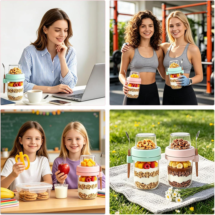 Müslibecher to Go, 480ml+120ml Overnight Oats Gläser, Doppelschicht Joghurtbecher Mit Edelstahlöffel