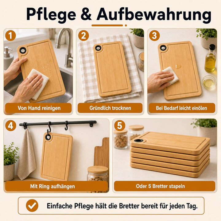 SHUESS 5 Stück Schneidebrett Set Bambus – 28x18x1 cm Frühstücksbrettchen Bambus gross, Schneidebrett