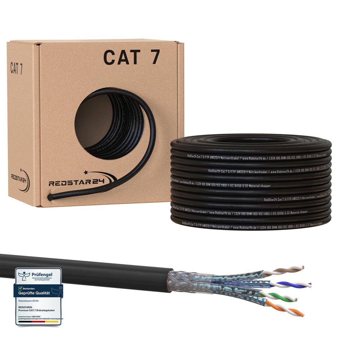 RedStar24 50m Cat7 Erdkabel Verlegekabel Outdoor Lan Kabel Installationskabel Schwarz AWG23/1 CAT 7