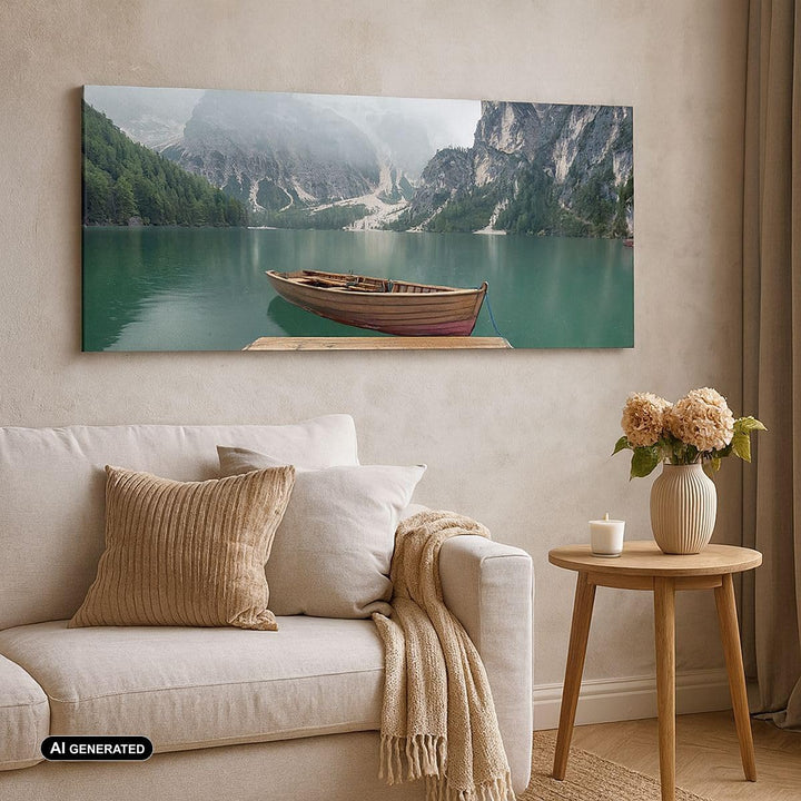 Panorama Bilder auf Leinwand Berge See Boot Leinwandbild mit Rahmen 90x30cm Wandbilder Dekoration Wo
