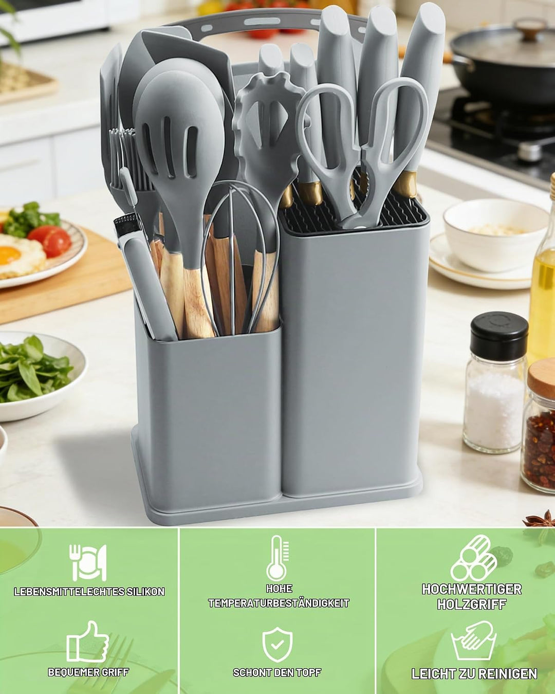 Küchenmesser Set 19-teilig – Küchenutensilien Set mit 5 Messer und 12 Silikon Küchenutensilien, Schn