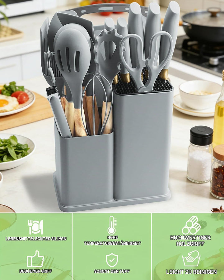 Küchenmesser Set 19-teilig – Küchenutensilien Set mit 5 Messer und 12 Silikon Küchenutensilien, Schn