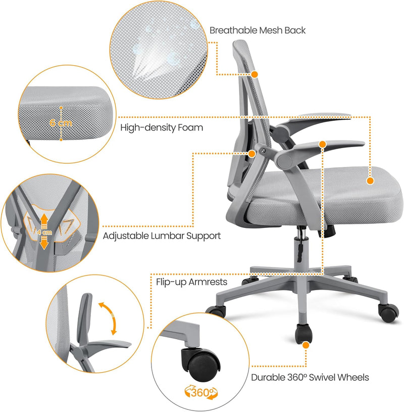 Yaheetech Bürostuhl ergonomisch, Schreibtischstuhl aus Mesh mit Hochklappbaren Armlehnen, Drehstuhl