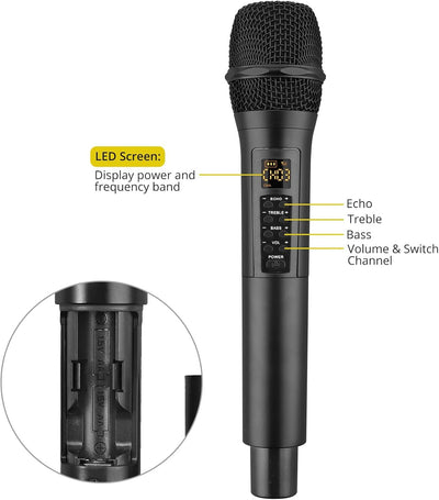 PROZOR Drahtloses Mikrofon UHF Handmikrofon Karaoke Mikrophone mit Wiederaufladbarem Empfänger Kabel