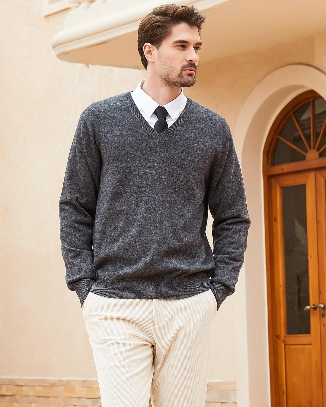 Kallspin Herren Strickpullover aus Wollmischung V-Ausschnitt Langarm Comfort Fit Pullover XL Grau, X