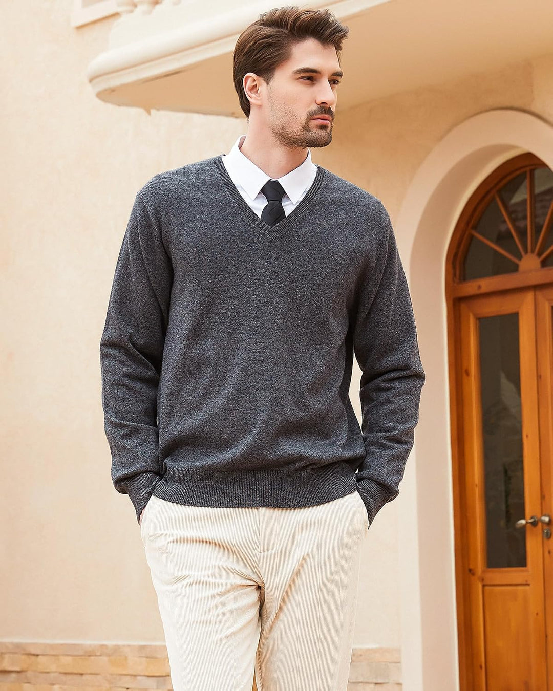 Kallspin Herren Strickpullover aus Wollmischung V-Ausschnitt Langarm Comfort Fit Pullover M Grau, M