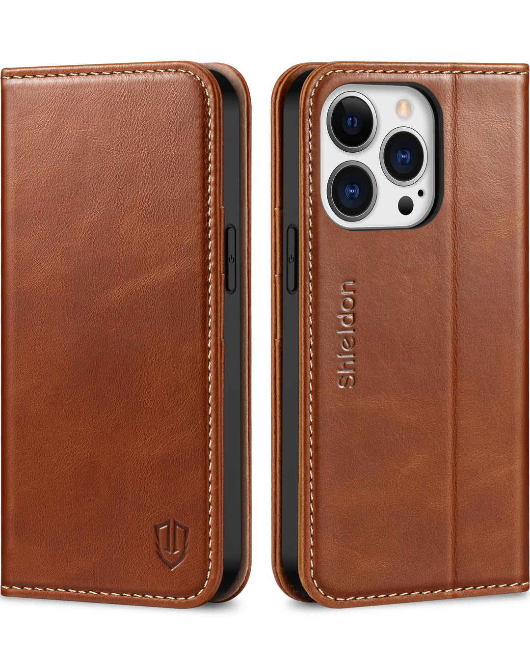 SHIELDON Hülle für iPhone 13 Pro 5G Handyhülle [Echtleder] [Kartenfach] [Magnet] [Standfunktion] [RF