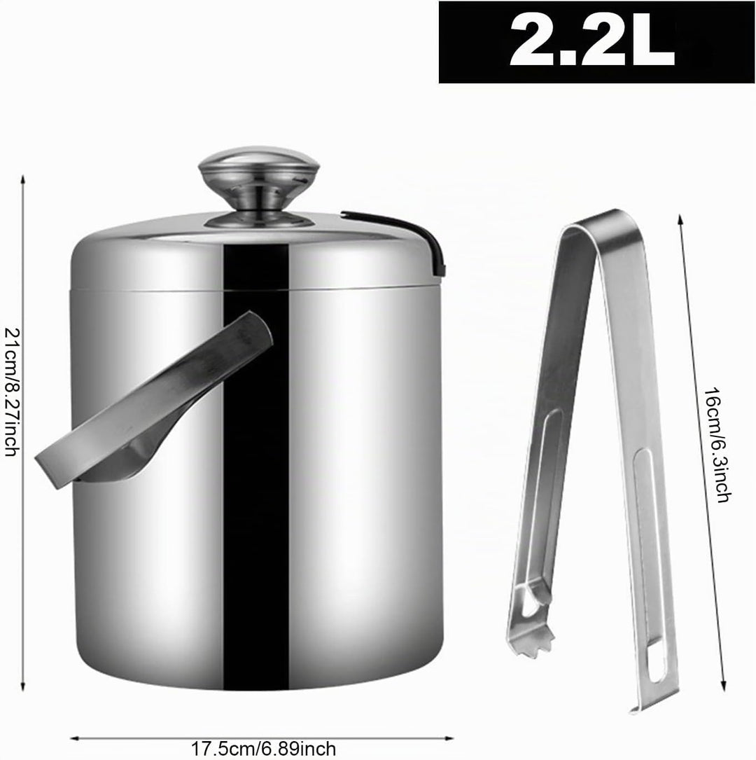 Emsmil 2.2L Eiseimer mit Deckel Zange und Sieb Eiskübel Edelstahl Eisbehälter Sektkühler Eiswürfelbe