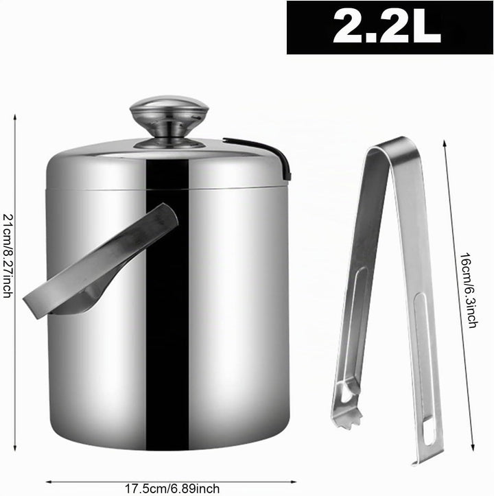 Emsmil 2.2L Eiseimer mit Deckel Zange und Sieb Eiskübel Edelstahl Eisbehälter Sektkühler Eiswürfelbe